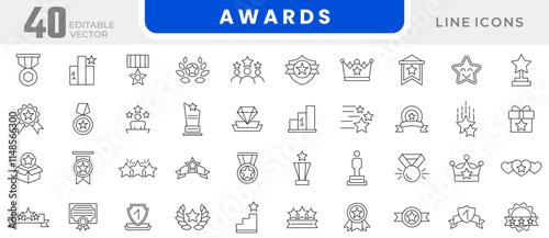 Awards line icon set. containing badge, trophy, certificate, medal, winner, gift, achievement, star, best, reward, champion, celebration, prize, rank, cup line icon set. UI thin line icon pack.