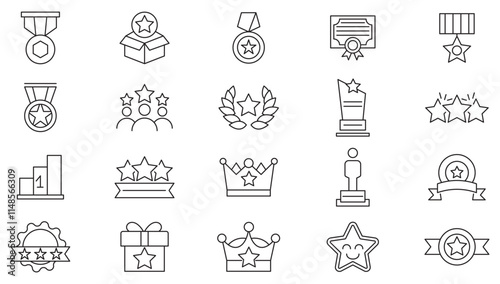 Awards line icon set. containing badge, trophy, certificate, medal, winner, gift, achievement, star, best, reward, champion, celebration, prize, rank, cup line icon set. UI thin line icon pack.