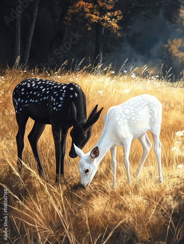 Two unique deer, one black with spots and one white, grazing in a sunlit golden field. photo