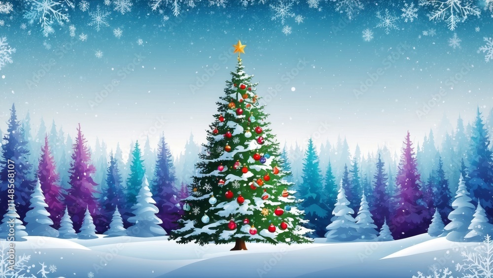 Fantasy winter landscape with vibrant christmas tree Fantasy winter landscape with vibrant christmas tree