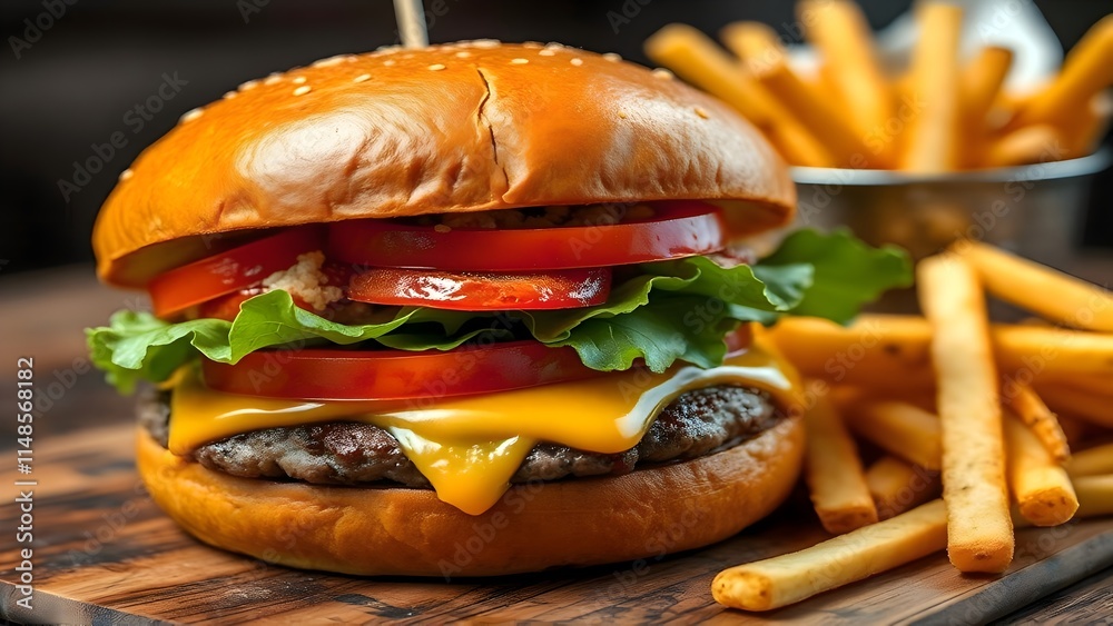 Gourmet Burger with Lettuce, Tomato, Cheese, and French Fries Gourmet Burger with Lettuce, Tomato, Cheese, and French Fries