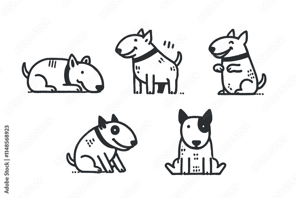 Obraz premium Hand-drawn bull terrier icons in bold black lines, minimalistic and fun