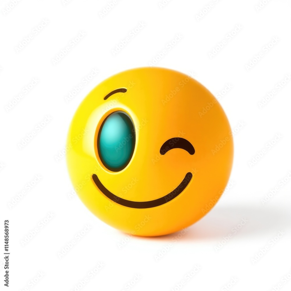 Fototapeta premium A vibrant yellow emoji showcases joy with a cheerful wink and a big smile, capturing the essence of fun and excitement. Perfectly playful and lively