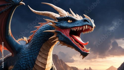 Fierce mythical dragon baring its sharp teeth photo