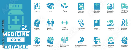 Medicine Vector Icons Healthcare, Diagnosis, Treatment, Specialties Editable, Professional, Modern Set.eps
