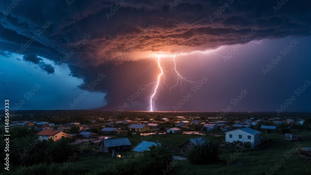 Fiery thunderstorm illuminates village under night sky Fiery thunderstorm illuminates village under night sky