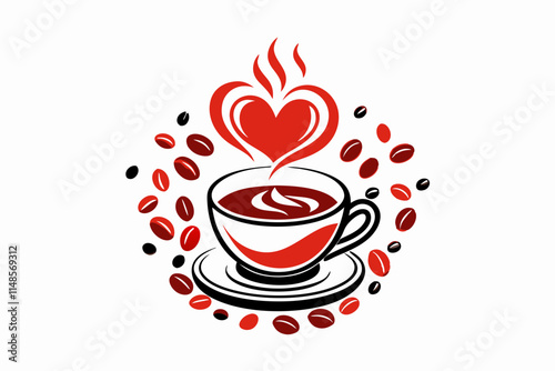 A steaming cup of coffee with a latte art heart on top, surrounded by scattered coffee beans vector silhouette on a white background