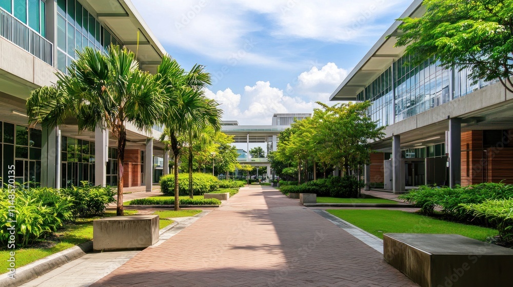 Lush green courtyard between modern buildings. Lush green courtyard between modern buildings.
