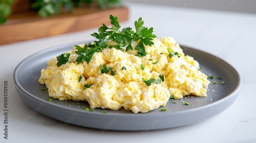 Fluffy scrambled eggs garnished with fresh parsley and chives served on a gray plate. Fluffy scrambled eggs garnished with fresh parsley and chives served on a gray plate.