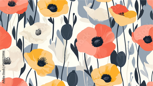 Pastel poppy seamless pattern in minimalist modern style illustration