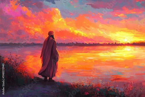 Spiritual Serenity: Guru Nanak at Sunset on a Peaceful Riverbank
