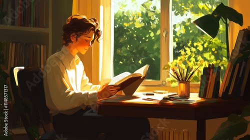 A business person sitting and reading a book