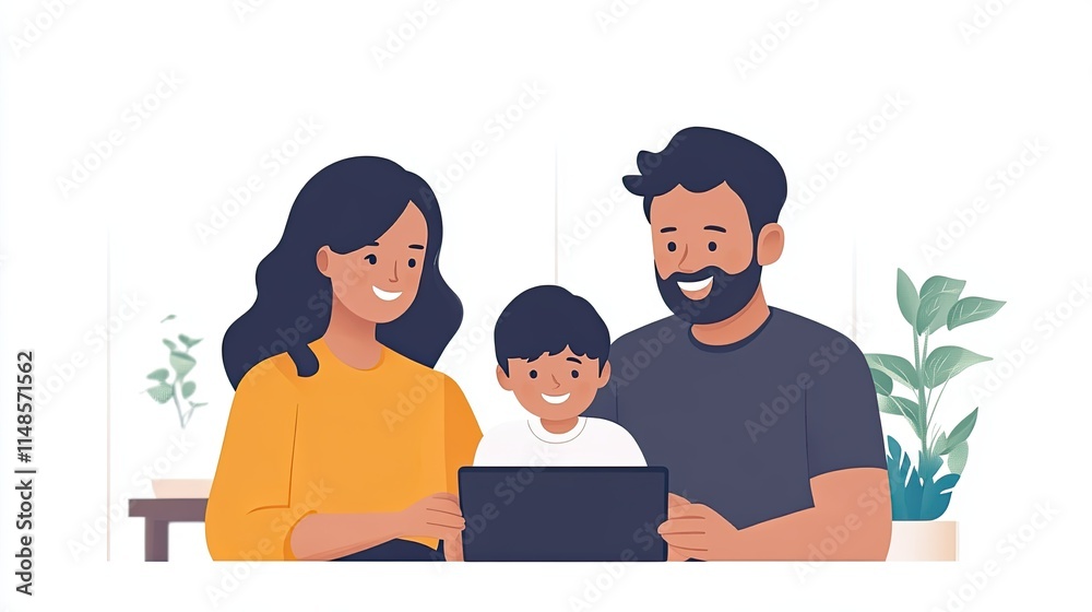 Illustrated family smiling while sharing a tablet screen together Illustrated family smiling while sharing a tablet screen together