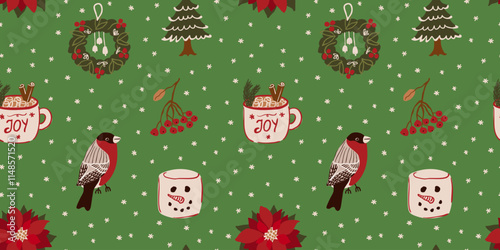 Christmas, holiday season seamless pattern with bird, tree, hot cholocolate in a mug, flower, marshmallow and snowflakes. Cute, cozy winter background. Wrapping paper, fabric design.
