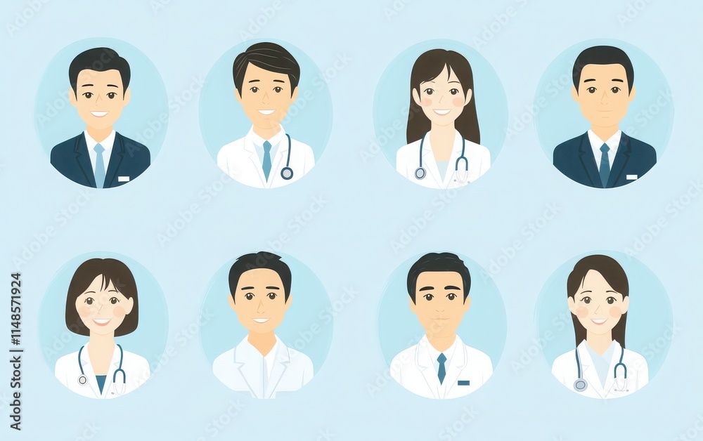 A collection of male and female Japanese doctor icons in flat design, wearing white shirts or suits with dark blazers. A collection of male and female Japanese doctor icons in flat design, wearing white shirts or suits with dark blazers.