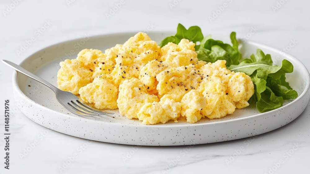 Fluffy scrambled eggs with pepper and fresh arugula on a plate. Fluffy scrambled eggs with pepper and fresh arugula on a plate.