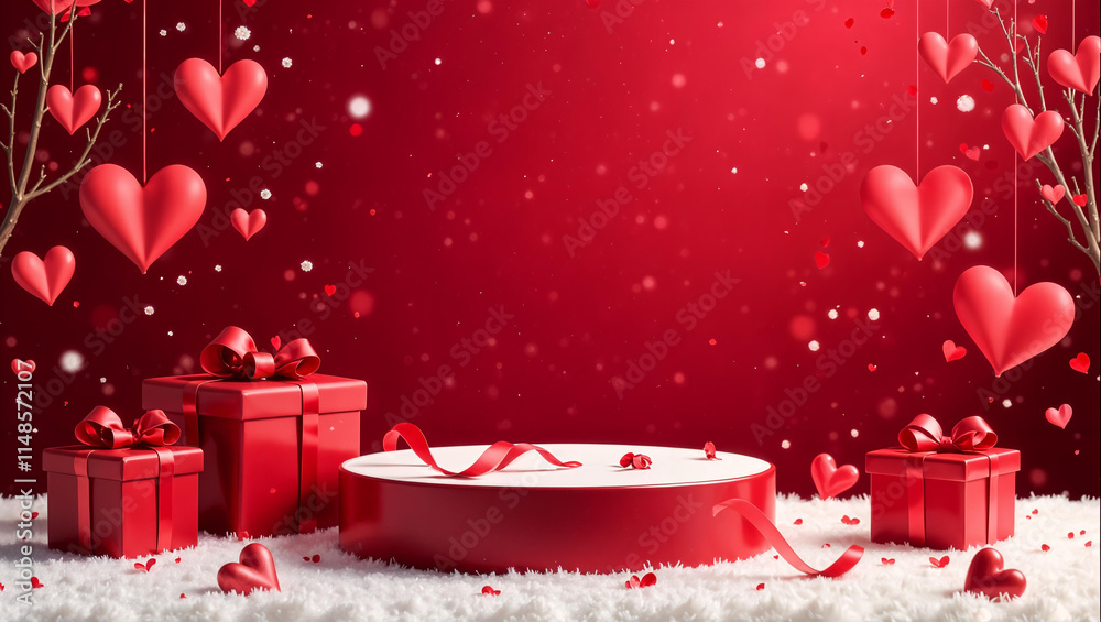 Happy Valentine Day background with cylindrical podium for promotion. Round stage for presentation sale product. Stage pedestal or platform in snow between burgundy hearts, burgundy gift boxes