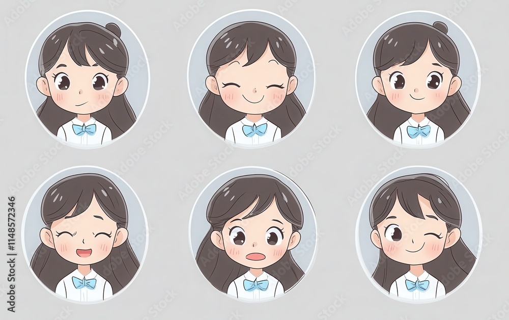 A set of cute female facial expression icons in circular shapes, with simple line art and flat color background. A set of cute female facial expression icons in circular shapes, with simple line art and flat color background.