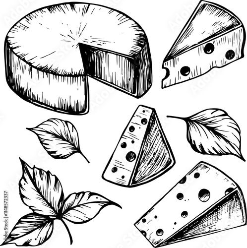 Cheese big collection. Set of ink sketches. Hand drawn vector illustration isolated on white background. Vintage style.Basil sprigs