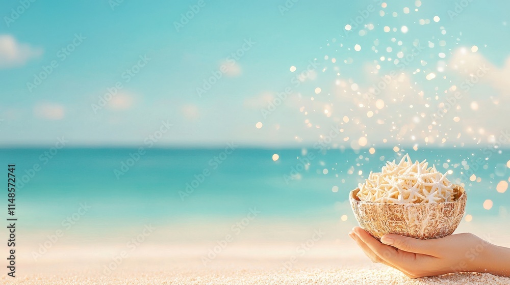 A serene beach scene with a hand holding a bowl of light sand, sprinkled gently into the calming ocean breeze under a bright sky. A serene beach scene with a hand holding a bowl of light sand, sprinkled gently into the calming ocean breeze under a bright sky.