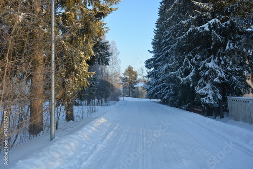 Infrastructure, Varkaus, Finland. Beautiful winter streets, alleys with roads, cars, cyclists, sidewalks, green fir trees, birches, trees, covered with white, fluffy snow. photo