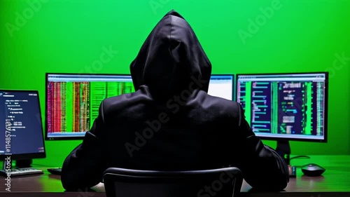Rear view of hooded anonymous scammer hacker at table with green screen chromakey multiple display, during an attack on credit cards big data servers on the network