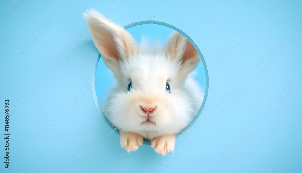 Adorable White Bunny Peeking Through a Hole in a Light Blue Background Adorable White Bunny Peeking Through a Hole in a Light Blue Background