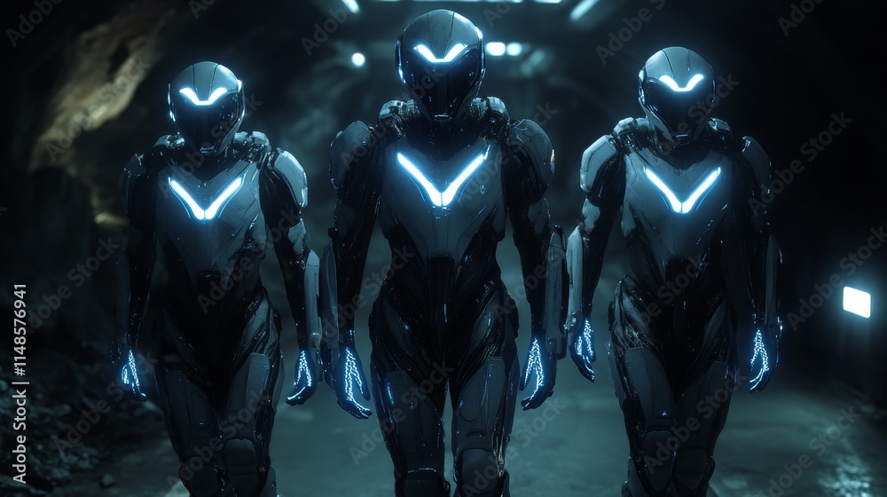 Three futuristic armored figures walk through a dimly lit tunnel. Three futuristic armored figures walk through a dimly lit tunnel.