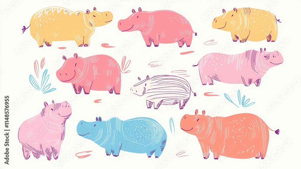 Fototapeta premium Colorful Hand-Drawn Hippos in Various Poses and Expressions, Perfect for Playful Illustrations and Creative Projects