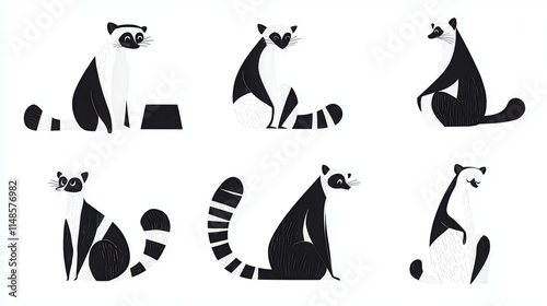 Illustrative collection of stylish raccoon characters in various poses for whimsical designs and creative projects photo