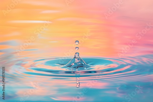 Watch a stunning droplet create a splash in clear blue water during sunset, a mesmerizing blend of natures beauty, A single water drop creates ripples on the surface of water, with a blurred pastel 
