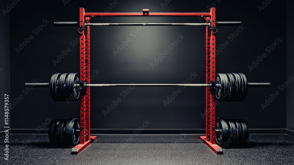A red weight rack with heavy plates, designed for strength training and fitness activities. A red weight rack with heavy plates, designed for strength training and fitness activities.