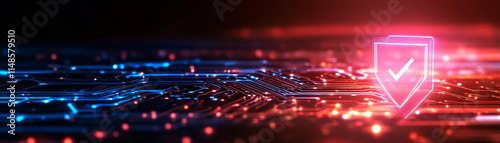 Futuristic digital security shield with glowing circuitry background and data protection theme.