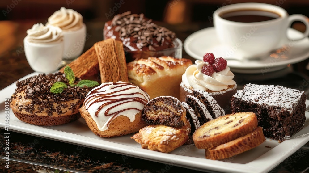 Assorted Delicious Baked Goods and Sweet Desserts Served on a White Plate with Coffee and Creamy Toppings Assorted Delicious Baked Goods and Sweet Desserts Served on a White Plate with Coffee and Creamy Toppings