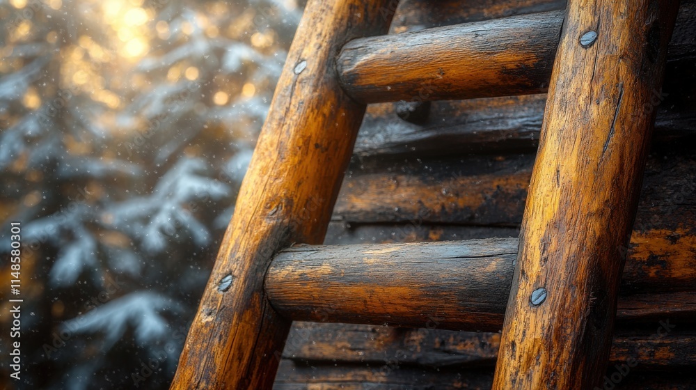 Rustic wooden ladder showcases weathered texture and sturdy build in natural light Rustic wooden ladder showcases weathered texture and sturdy build in natural light