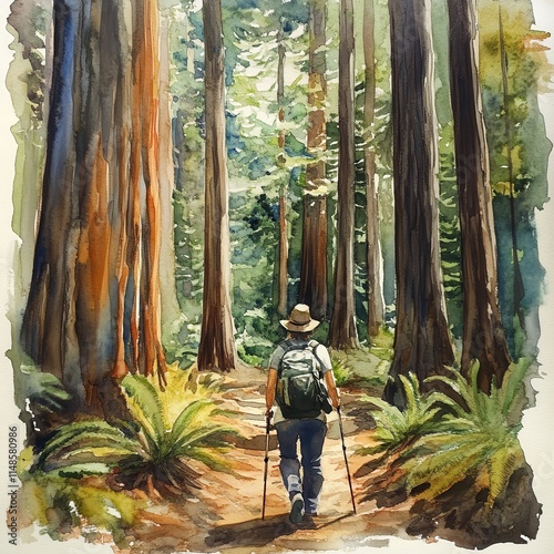 Person hiking through Jedediah Smith forest, towering redwoods, serene wilderness, Watercolor style photo