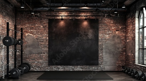 A modern gym, workout, background interior featuring exposed brick wall, background, mockups and weights for fitness training.