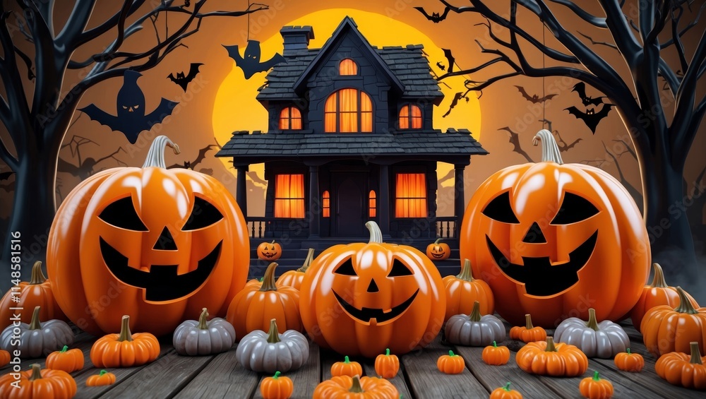 Haunted house and pumpkins halloween 3d background Haunted house and pumpkins halloween 3d background