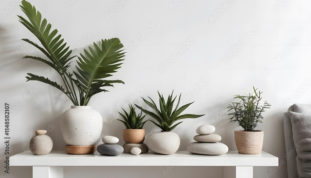 Fototapeta premium Serene Home Decor: Plants, Stones, and Minimalist Style