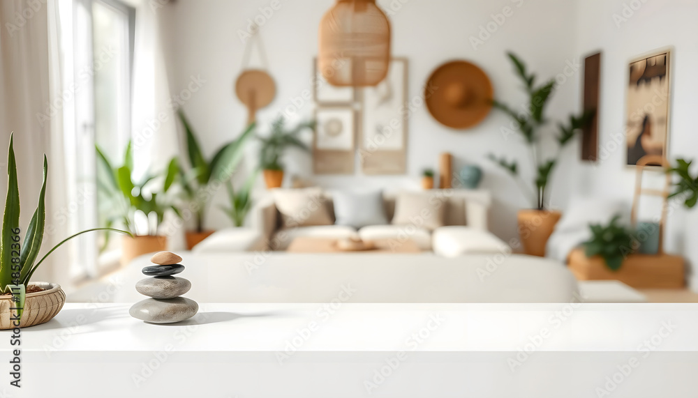 Fototapeta premium Zen Interior: Balanced Stones on a Table in a Serene Living Room