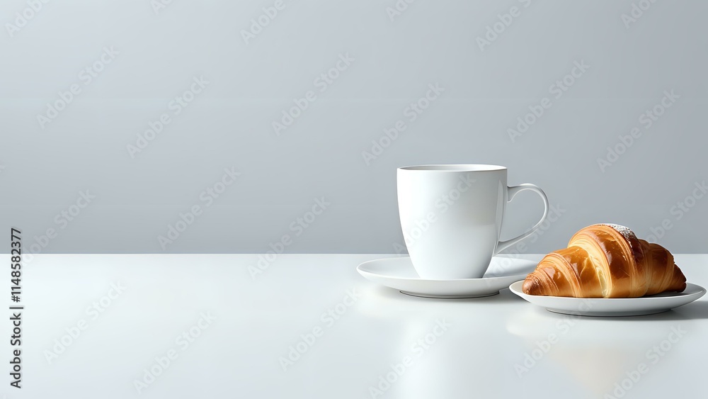 A cup of coffee and a freshly baked croissant on a white background in soft natural light A cup of coffee and a freshly baked croissant on a white background in soft natural light
