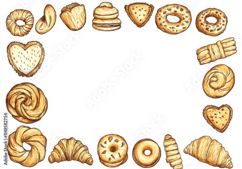 Hand-drawn vector illustration of an isolated frame made from various pastries, including croissants, cookies, rolls, bagels, and a Texas-style border photo