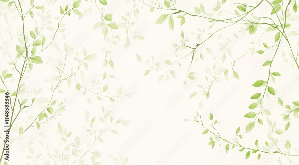 Light green and white pattern with delicate leaves on plant branches, set against a pure cream-colored background. Light green and white pattern with delicate leaves on plant branches, set against a pure cream-colored background.