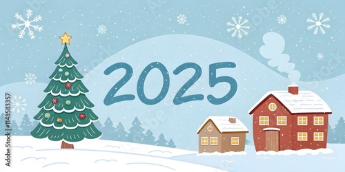 Gold Numbers 2025 With Sequins And Glitter On A gold snowy background Christmas New Year Greeting Card
