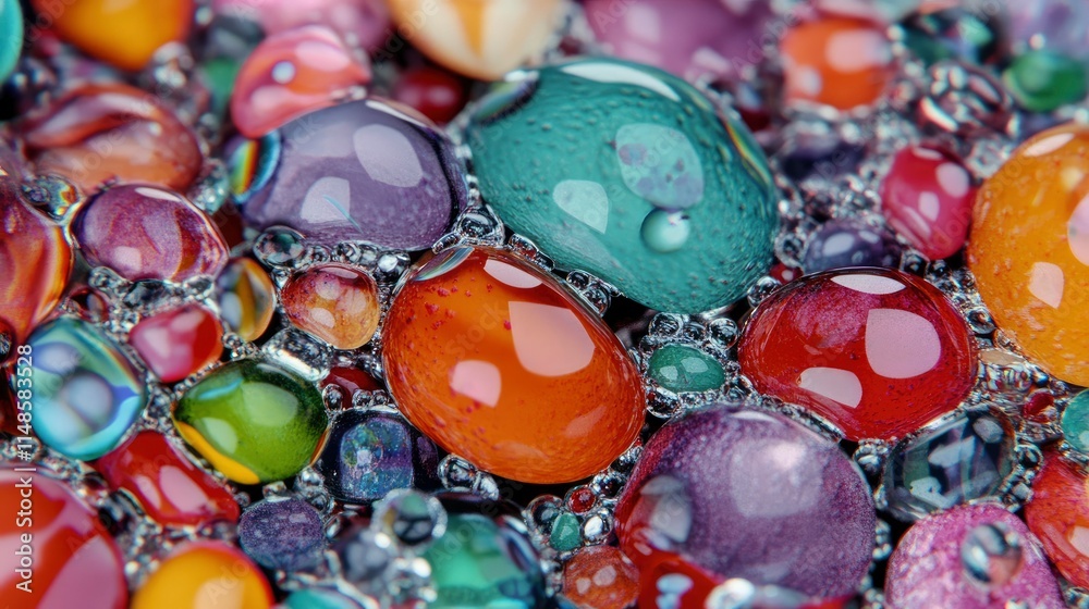 Vibrant Jewel-Toned Pebbles with Water Droplets - Close-Up Macro Photography Vibrant Jewel-Toned Pebbles with Water Droplets - Close-Up Macro Photography