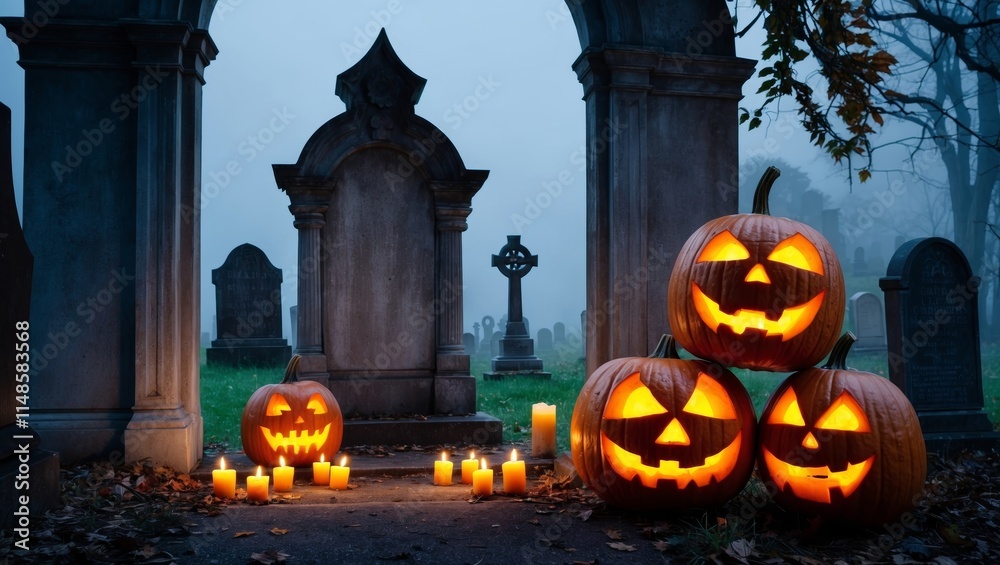Obraz premium Jack o lanterns glow in spooky foggy cemetery