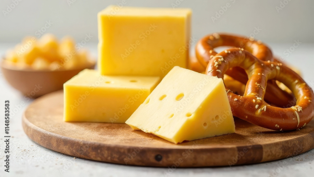 Swiss cheese and pretzels arrangement on wooden board featuring snack bowl Swiss cheese and pretzels arrangement on wooden board featuring snack bowl