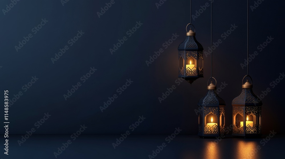 Three decorative lantern, background casting a warm glow in a dark setting. Three decorative lantern, background casting a warm glow in a dark setting.