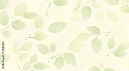 Light green and white pattern with delicate leaves on plant branches, set against a pure cream-colored background.