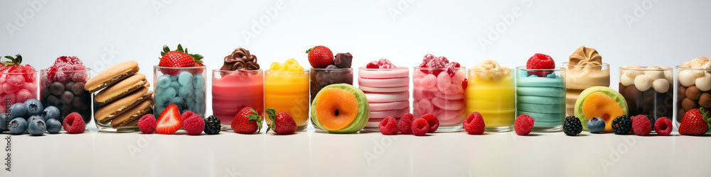 Row of colorful drinks and desserts, including a strawberry shortcake Row of colorful drinks and desserts, including a strawberry shortcake